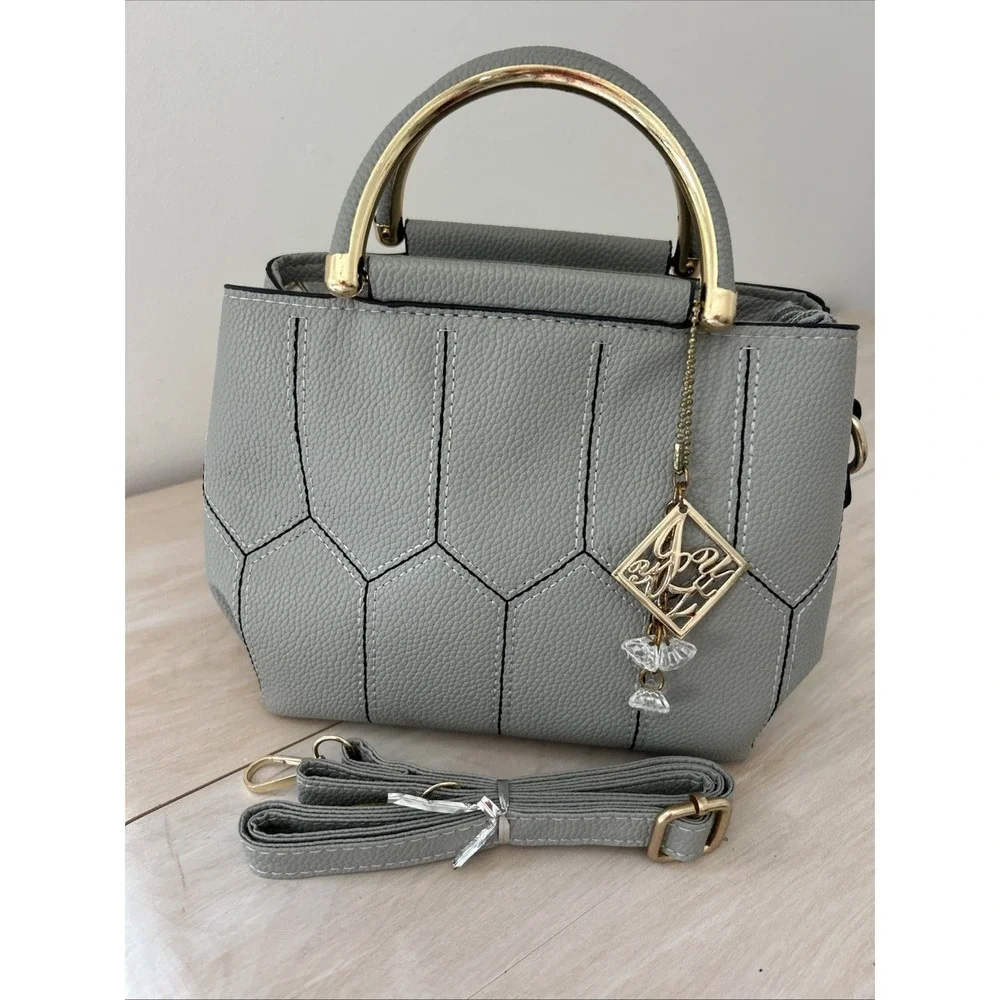 Nicole & Doris Small Light Gray‎ Handbag Attachable Trapp PU Leather Gold Trim